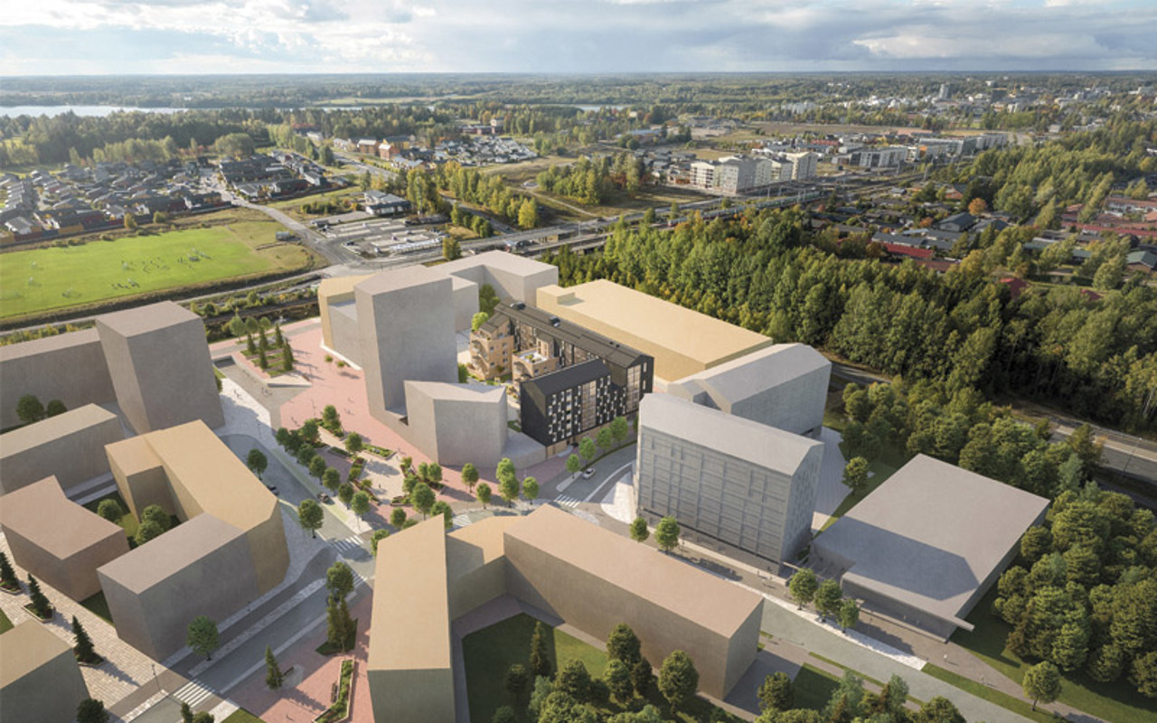 Luonnoskuva Järvenpään Ainolan kehittyvästä alueesta ilmasta katsottuna